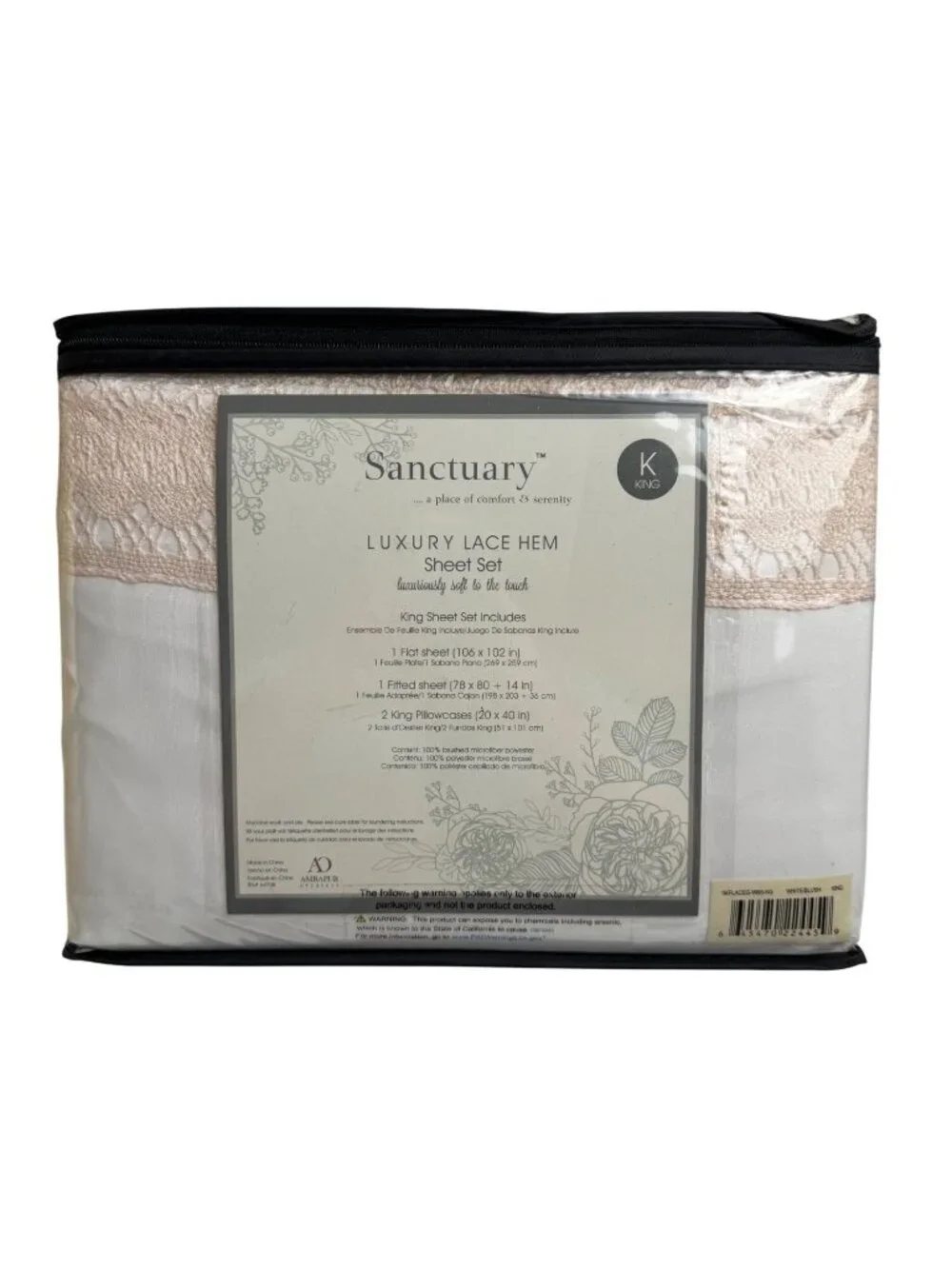 Amprapur Overseas Sanctuary NEW King 4 Piece Luxury Lace Hem Sheet Set White